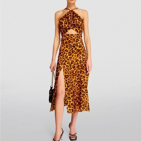 NWT SANDRO Kalinda Leopard Animal Print Slit Cut Out Tie Neck Satiny Dress 38 - Picture 4 of 15